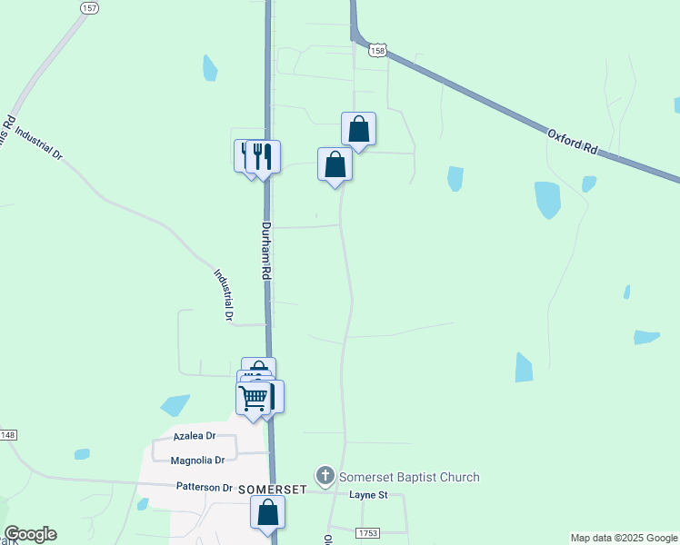 map of restaurants, bars, coffee shops, grocery stores, and more near 1270 Old Durham Rd in Roxboro