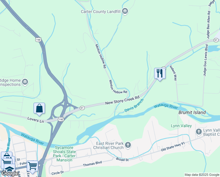 map of restaurants, bars, coffee shops, grocery stores, and more near 145 Minton Hollow Road in Elizabethton