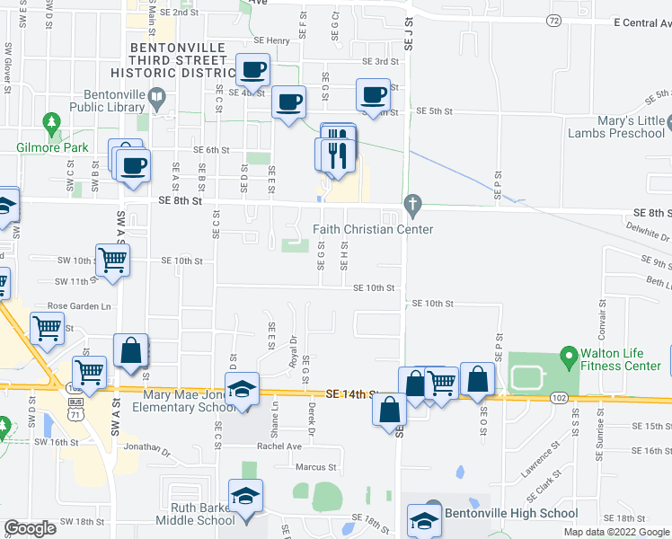 map of restaurants, bars, coffee shops, grocery stores, and more near 910 Southeast H Street in Bentonville