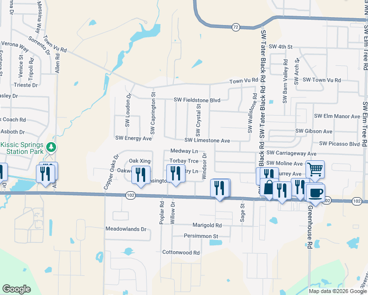map of restaurants, bars, coffee shops, grocery stores, and more near 1211 Medway Ln in Centerton
