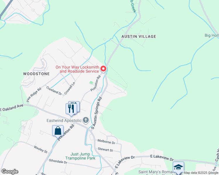 map of restaurants, bars, coffee shops, grocery stores, and more near 202 South Austin Springs Road in Johnson City