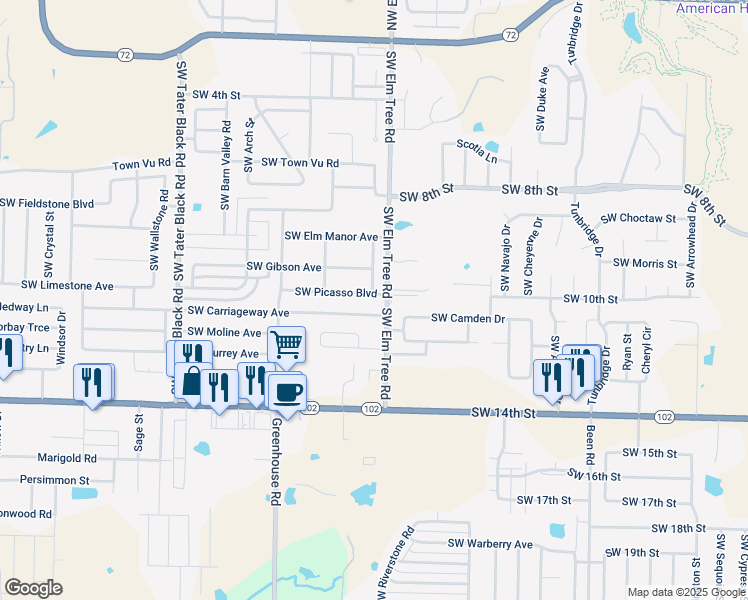 map of restaurants, bars, coffee shops, grocery stores, and more near 3301 Southwest Picasso Boulevard in Bentonville