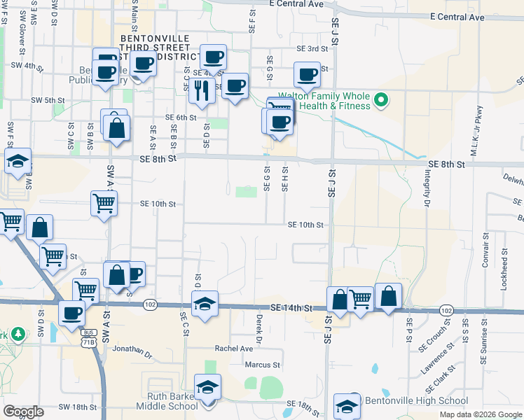 map of restaurants, bars, coffee shops, grocery stores, and more near 908 Southeast G Street in Bentonville