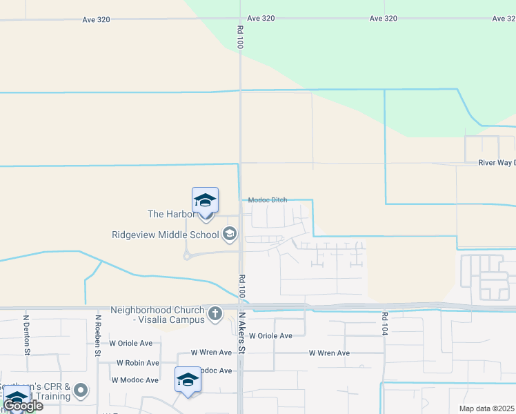 map of restaurants, bars, coffee shops, grocery stores, and more near 3438 North Oakwood Street in Visalia