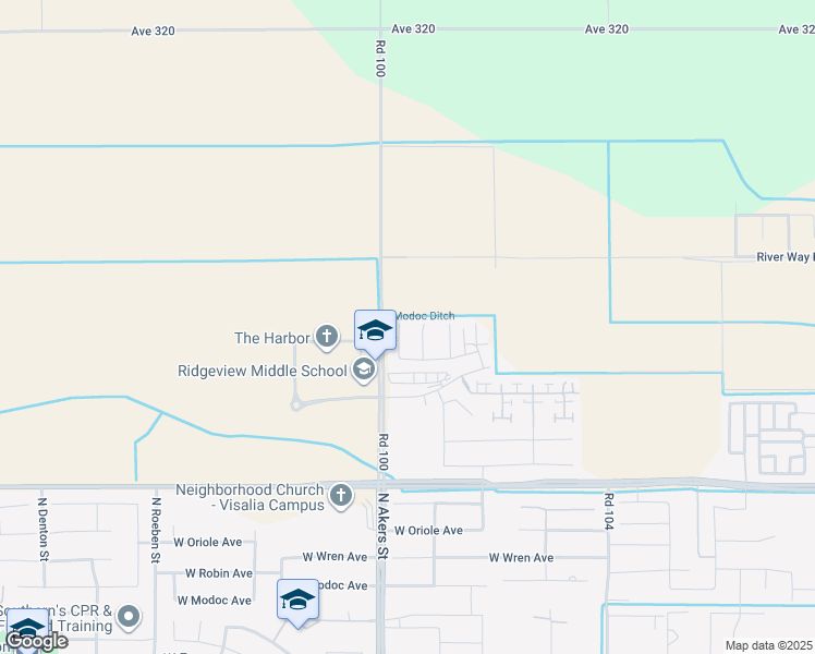 map of restaurants, bars, coffee shops, grocery stores, and more near 3438 North Oakwood Street in Visalia