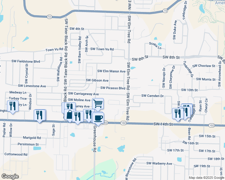 map of restaurants, bars, coffee shops, grocery stores, and more near 3413 Southwest Picasso Boulevard in Bentonville