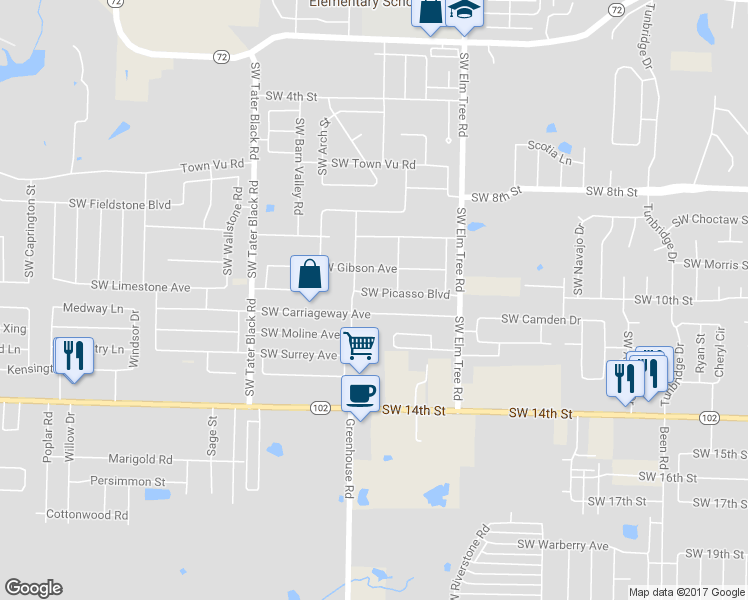 map of restaurants, bars, coffee shops, grocery stores, and more near 3601 Southwest Picasso Boulevard in Bentonville