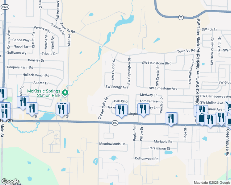 map of restaurants, bars, coffee shops, grocery stores, and more near 267 Copper Oaks Drive in Centerton