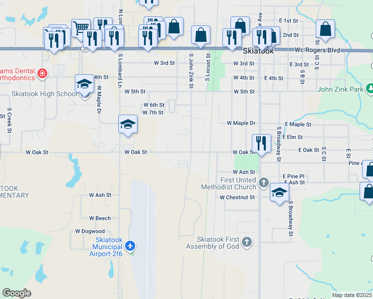 map of restaurants, bars, coffee shops, grocery stores, and more near 820 South John Zink Street in Skiatook