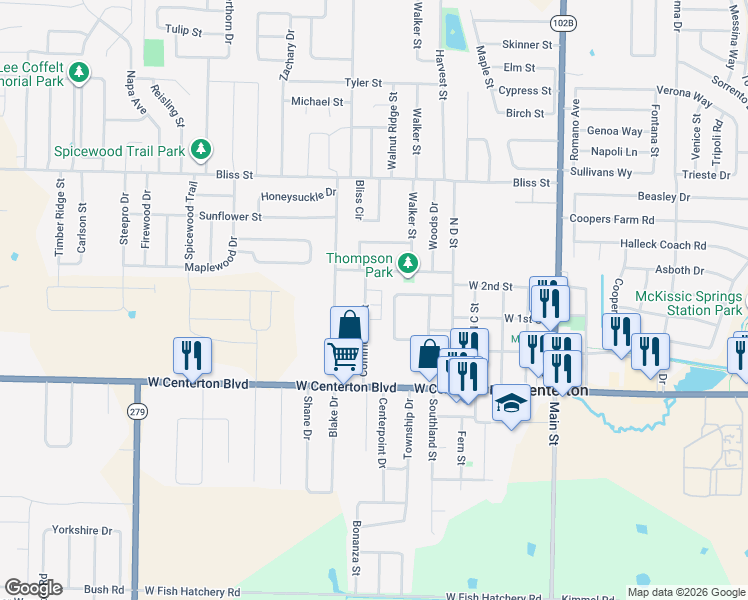 map of restaurants, bars, coffee shops, grocery stores, and more near 311 Commercial Street in Centerton