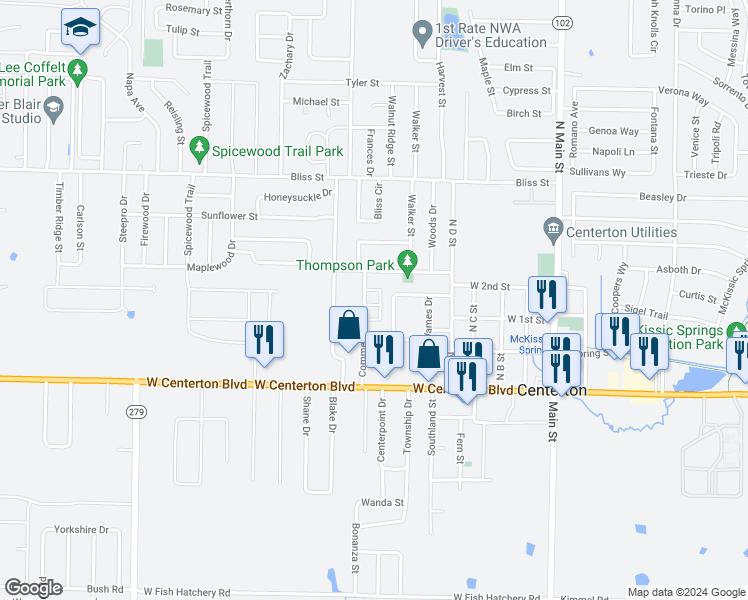 map of restaurants, bars, coffee shops, grocery stores, and more near 311 Commercial Street in Centerton