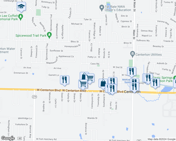 map of restaurants, bars, coffee shops, grocery stores, and more near 310 Commercial Street in Centerton