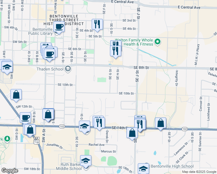 map of restaurants, bars, coffee shops, grocery stores, and more near 908 Southeast G Street in Bentonville