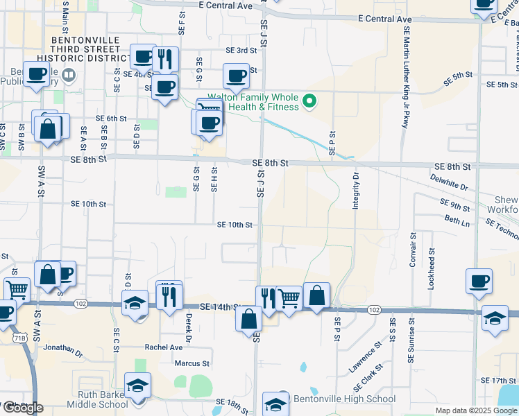 map of restaurants, bars, coffee shops, grocery stores, and more near 800 Southeast J Street in Bentonville