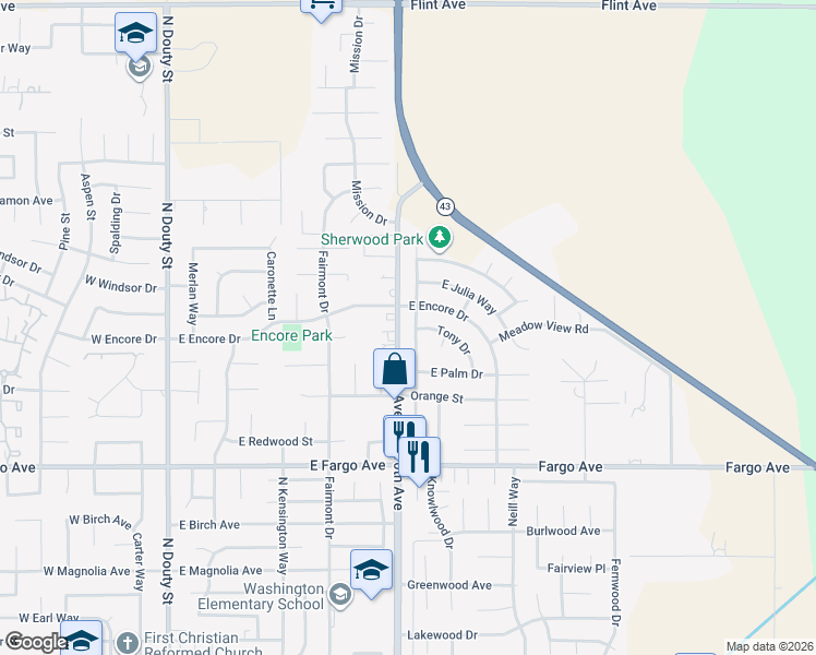 map of restaurants, bars, coffee shops, grocery stores, and more near 7767 10th Avenue in Hanford