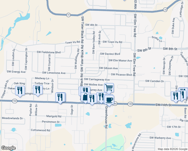 map of restaurants, bars, coffee shops, grocery stores, and more near 3815 Southwest Ridgepointe Avenue in Bentonville