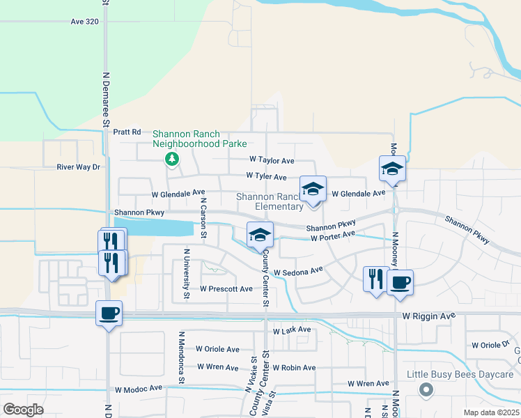 map of restaurants, bars, coffee shops, grocery stores, and more near 3612 Vickie Court in Visalia