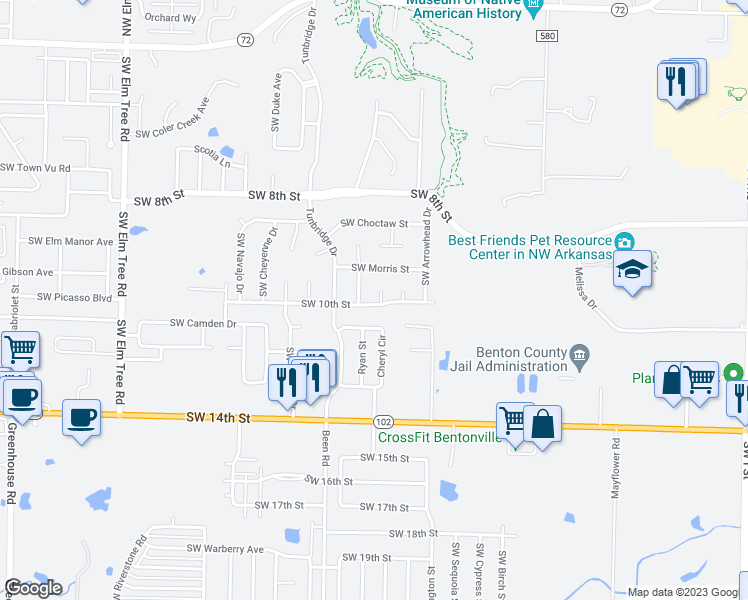 map of restaurants, bars, coffee shops, grocery stores, and more near 912 Southwest Terry Lane in Bentonville