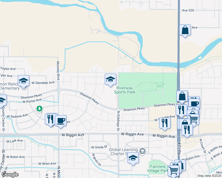 map of restaurants, bars, coffee shops, grocery stores, and more near 1341 West Glendale Avenue in Visalia
