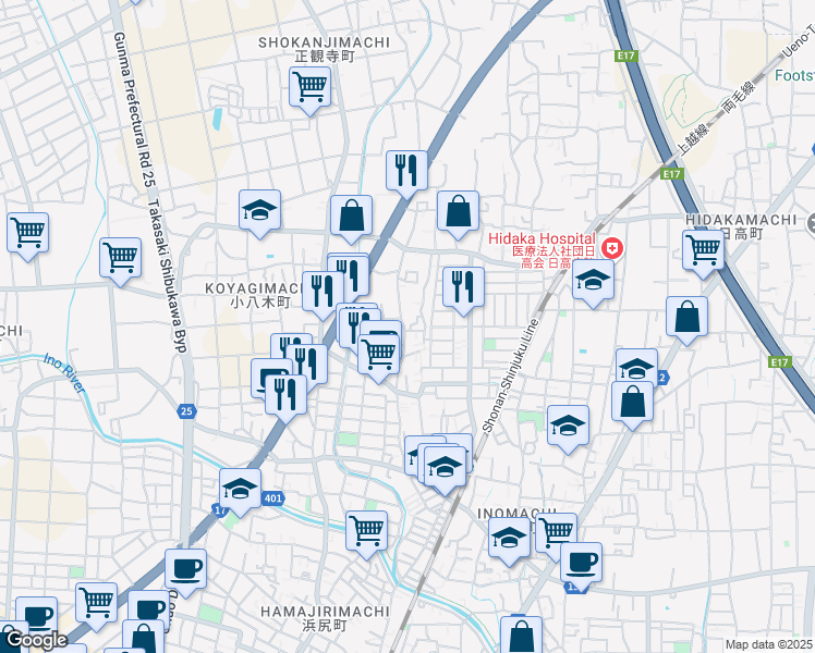 map of restaurants, bars, coffee shops, grocery stores, and more near in Takasaki