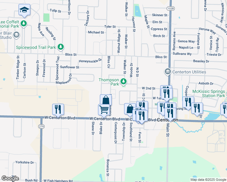 map of restaurants, bars, coffee shops, grocery stores, and more near 320 Commercial Street in Centerton