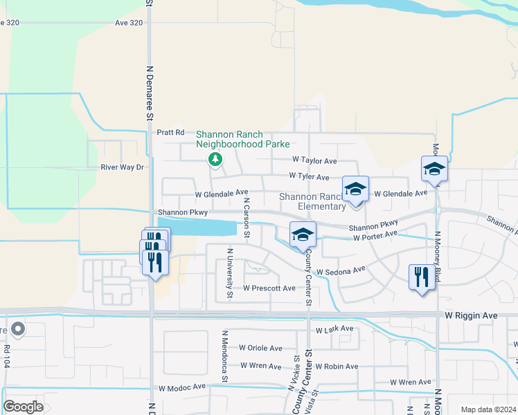 map of restaurants, bars, coffee shops, grocery stores, and more near 2930 West Porter Avenue in Visalia