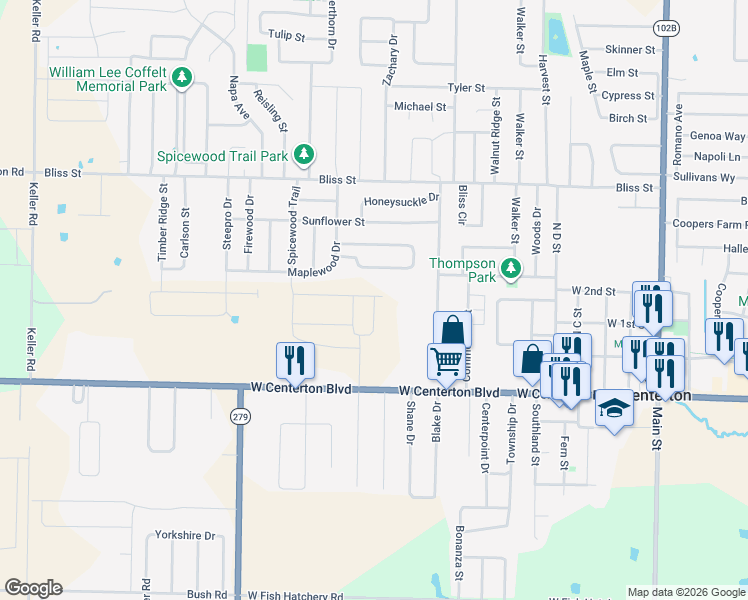 map of restaurants, bars, coffee shops, grocery stores, and more near 1084 West Centerton Boulevard in Centerton