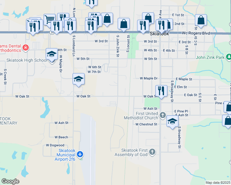 map of restaurants, bars, coffee shops, grocery stores, and more near 820 South John Zink Street in Skiatook