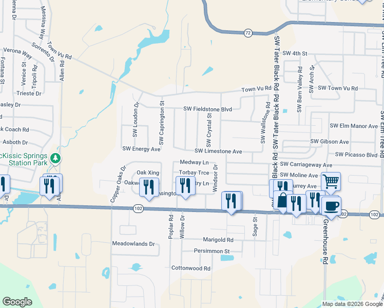 map of restaurants, bars, coffee shops, grocery stores, and more near 1211 Medway Lane in Centerton
