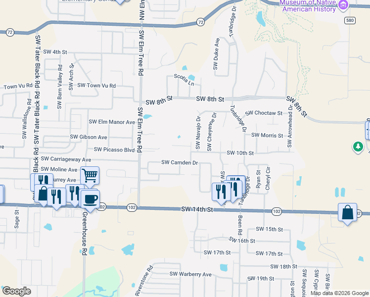map of restaurants, bars, coffee shops, grocery stores, and more near 3002 Southwest Camden Drive in Bentonville