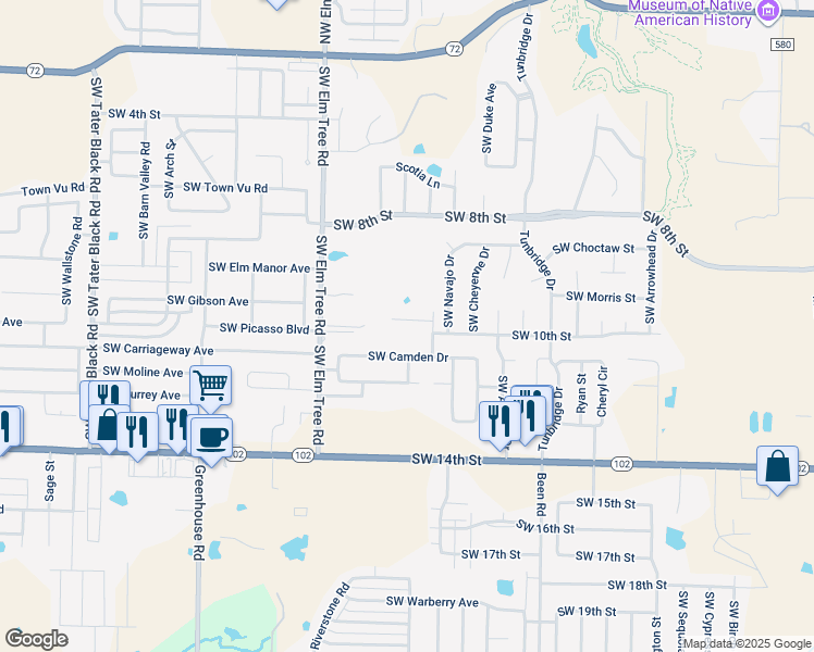 map of restaurants, bars, coffee shops, grocery stores, and more near 3002 Southwest Camden Drive in Bentonville