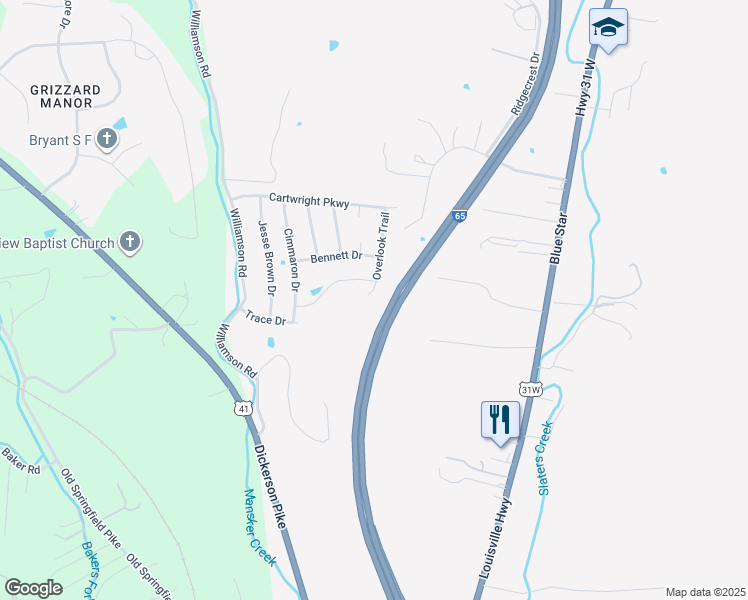 map of restaurants, bars, coffee shops, grocery stores, and more near 129 Overlook Trail in Goodlettsville