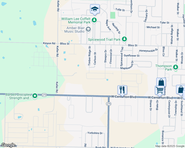 map of restaurants, bars, coffee shops, grocery stores, and more near 410 Carlson Street in Centerton