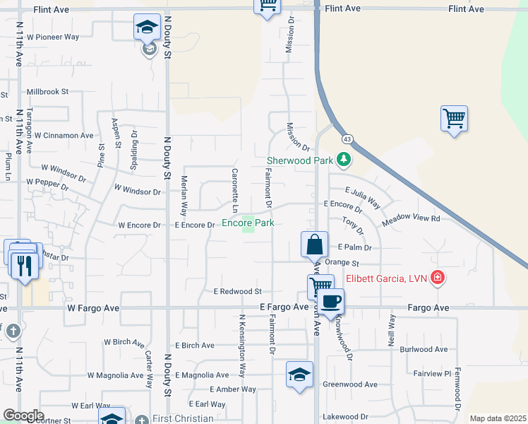 map of restaurants, bars, coffee shops, grocery stores, and more near 480 East Encore Drive in Hanford