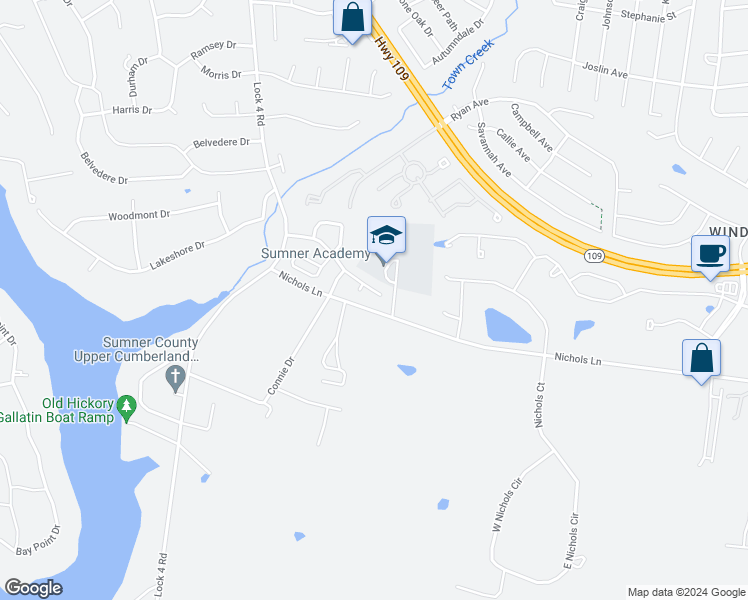 map of restaurants, bars, coffee shops, grocery stores, and more near 105 Cambridge Drive in Gallatin
