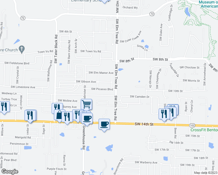 map of restaurants, bars, coffee shops, grocery stores, and more near 3400 Southwest Picasso Boulevard in Bentonville