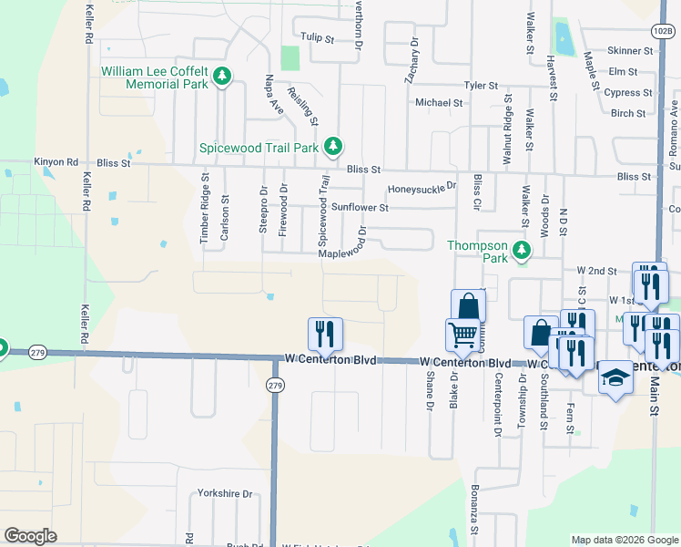 map of restaurants, bars, coffee shops, grocery stores, and more near 1100 West Centerton Boulevard in Centerton