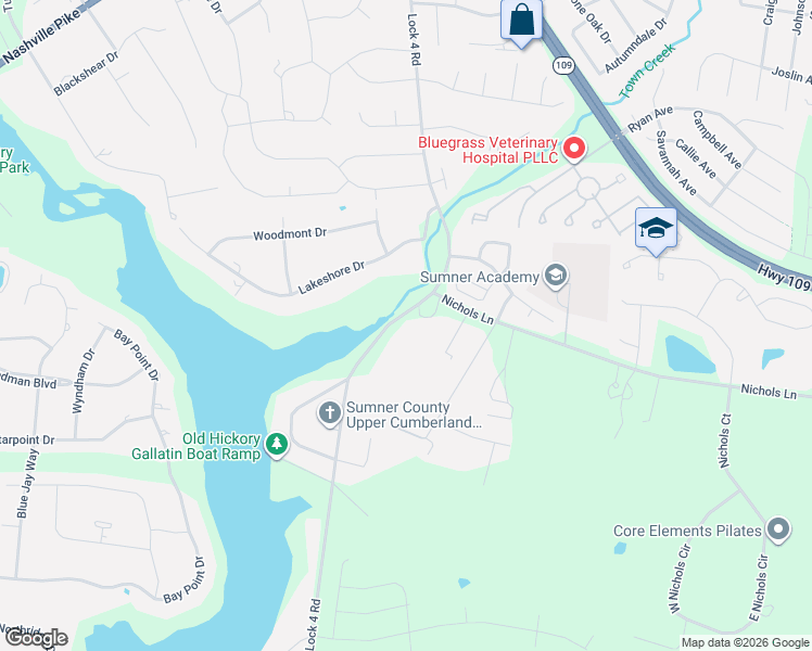 map of restaurants, bars, coffee shops, grocery stores, and more near 513 Nichols Lane in Gallatin
