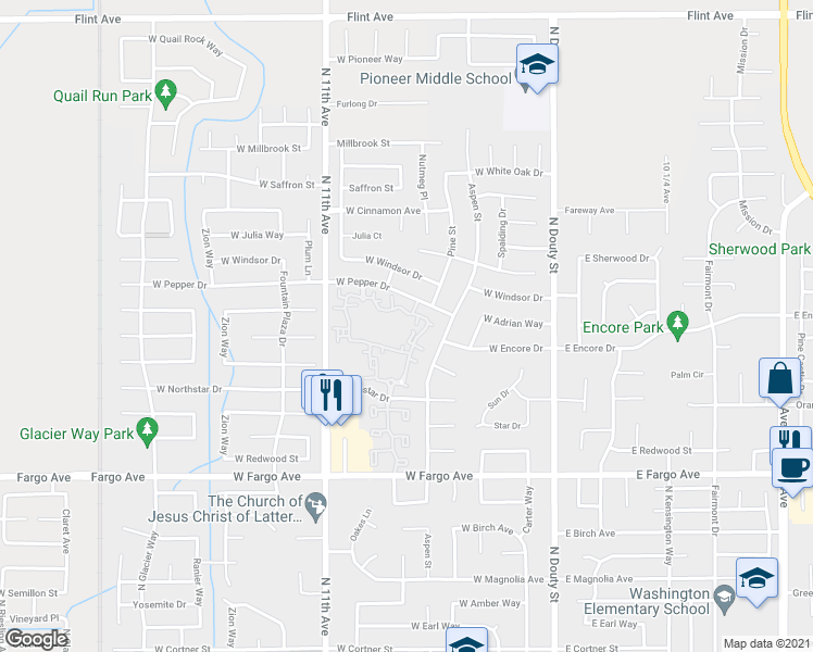 map of restaurants, bars, coffee shops, grocery stores, and more near 505 West Pepper Drive in Hanford