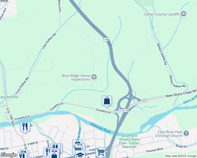 map of restaurants, bars, coffee shops, grocery stores, and more near 102 Suncrest Drive in Elizabethton