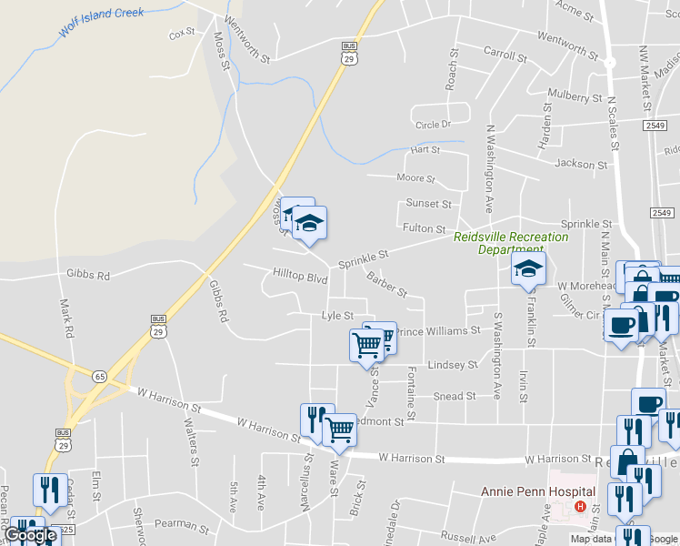 map of restaurants, bars, coffee shops, grocery stores, and more near 112 Cherry Street in Reidsville