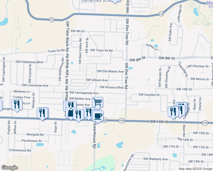 map of restaurants, bars, coffee shops, grocery stores, and more near 3500 Southwest Picasso Boulevard in Bentonville