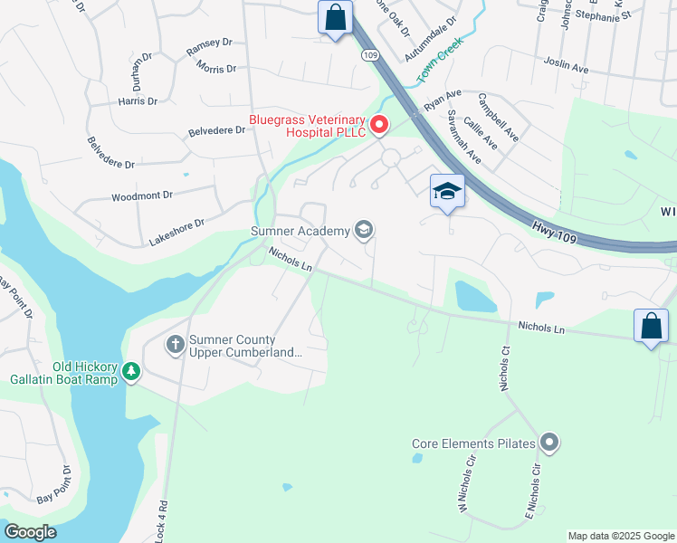map of restaurants, bars, coffee shops, grocery stores, and more near 205 Oxford Place in Gallatin