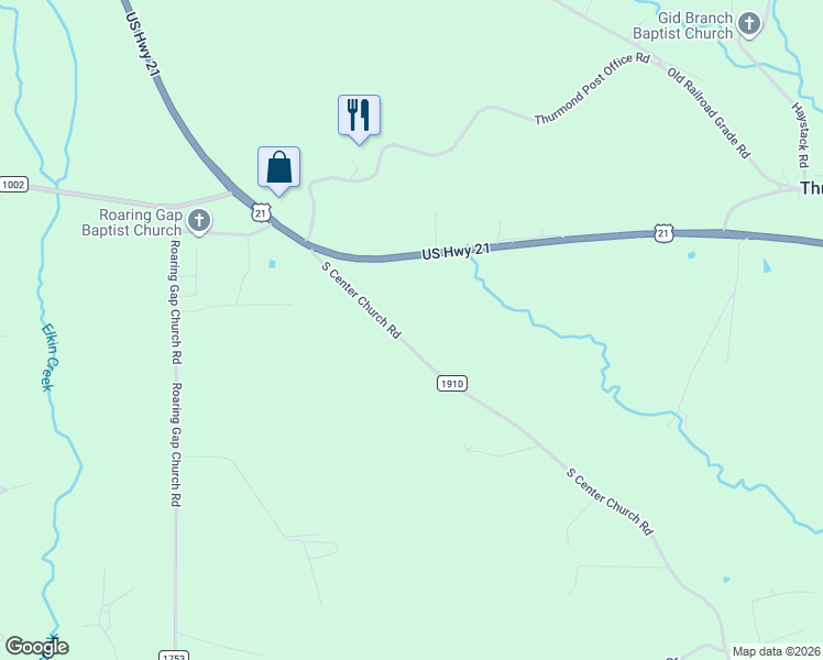 map of restaurants, bars, coffee shops, grocery stores, and more near 4225 South Center Church Road in Thurmond