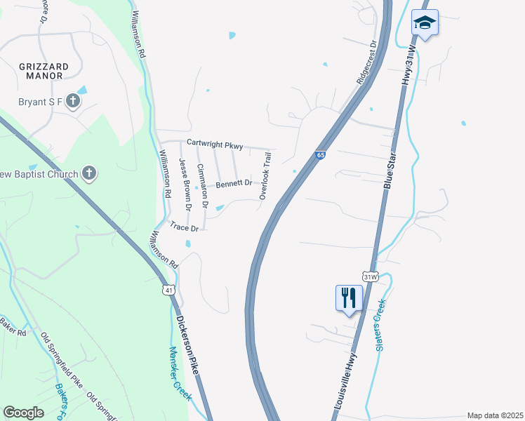 map of restaurants, bars, coffee shops, grocery stores, and more near 127 Overlook Trail in Goodlettsville
