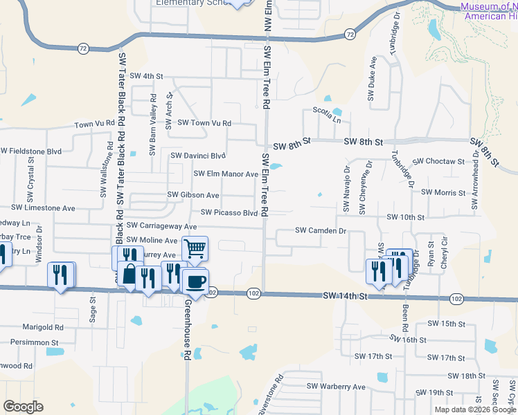 map of restaurants, bars, coffee shops, grocery stores, and more near 3301 Southwest Picasso Boulevard in Bentonville