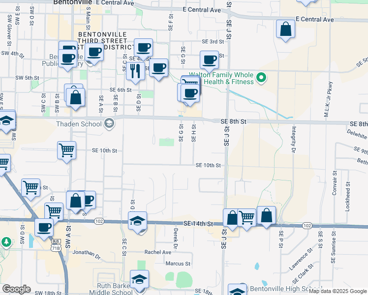 map of restaurants, bars, coffee shops, grocery stores, and more near 910 Southeast H Street in Bentonville