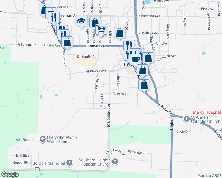 map of restaurants, bars, coffee shops, grocery stores, and more near 402 McKennon Street in Berryville