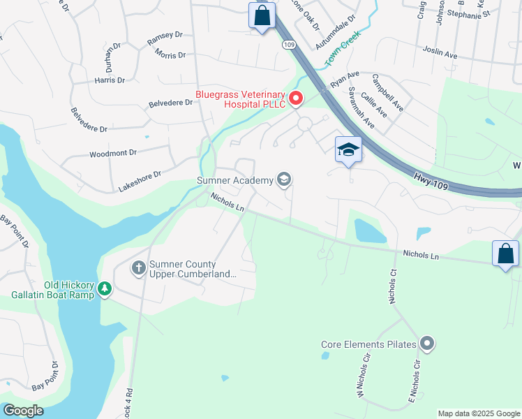 map of restaurants, bars, coffee shops, grocery stores, and more near 205 Oxford Place in Gallatin