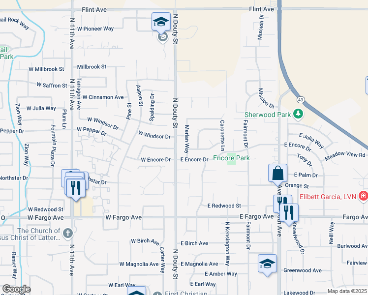 map of restaurants, bars, coffee shops, grocery stores, and more near 2801 North Douty Street in Hanford